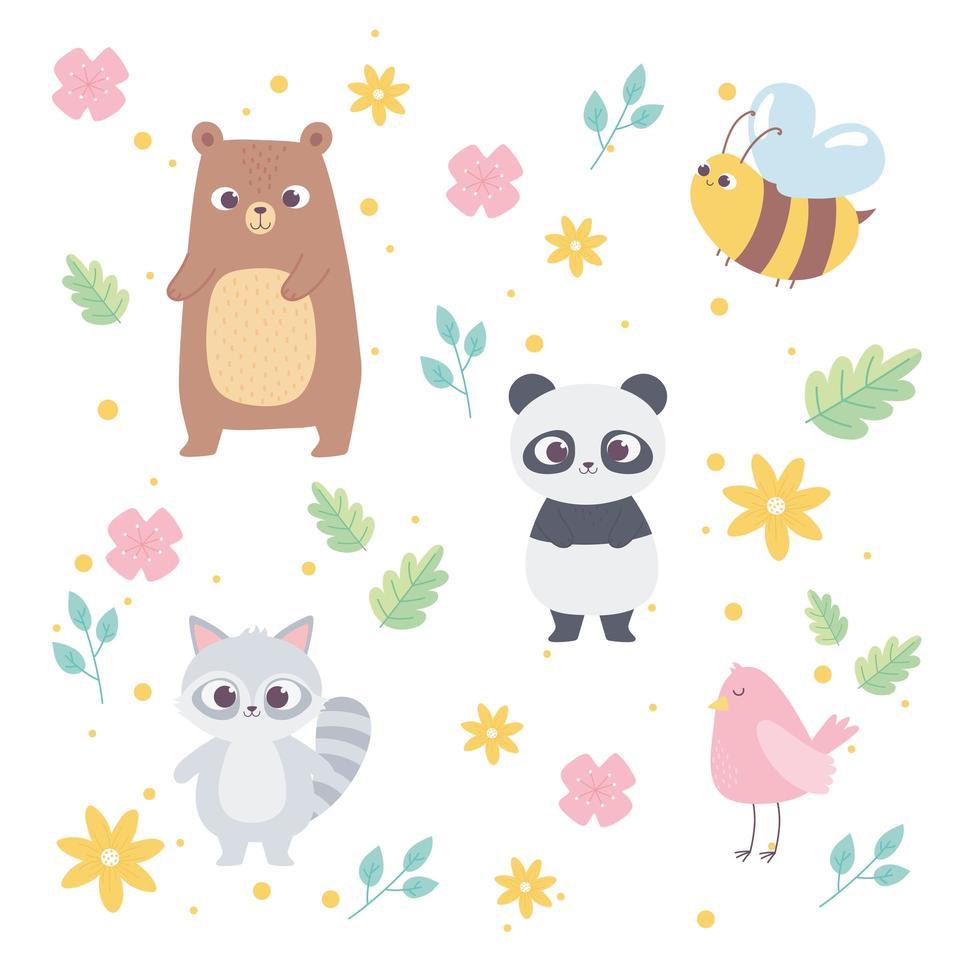 schattige cartoon dieren wilde kleine beer panda wasbeer vogel bij bloemen achtergrond vector