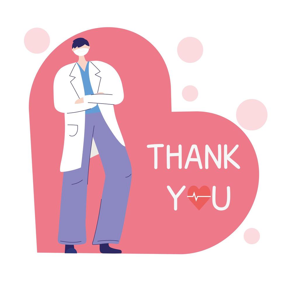 bedankt artsen en verpleegsters, arts met medisch masker en jas op hart liefde vector