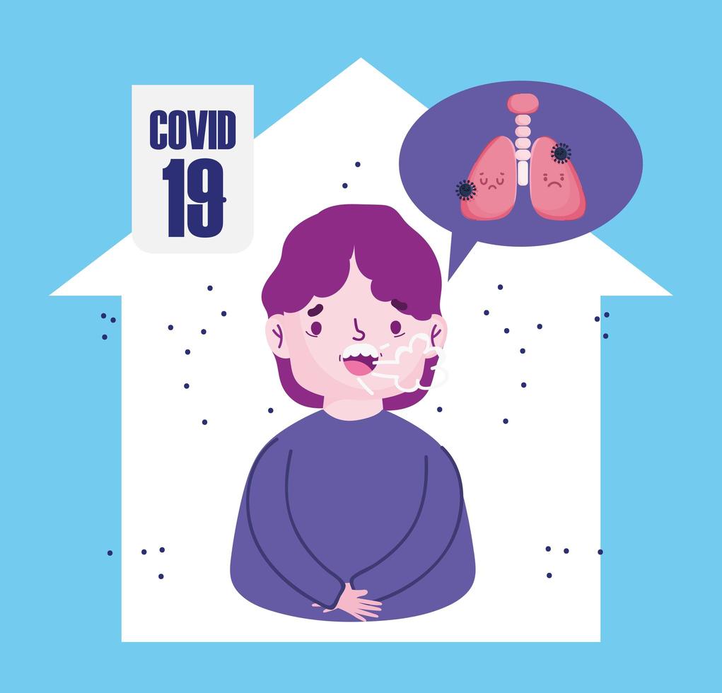Covid 19 coronavirus pandemie, karakter in huis met hoest longontsteking vector