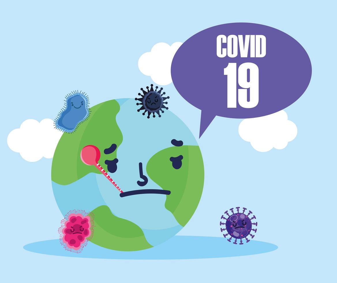 Covid 19 coronavirus pandemie, zieke wereld met thermometer cartoon vector