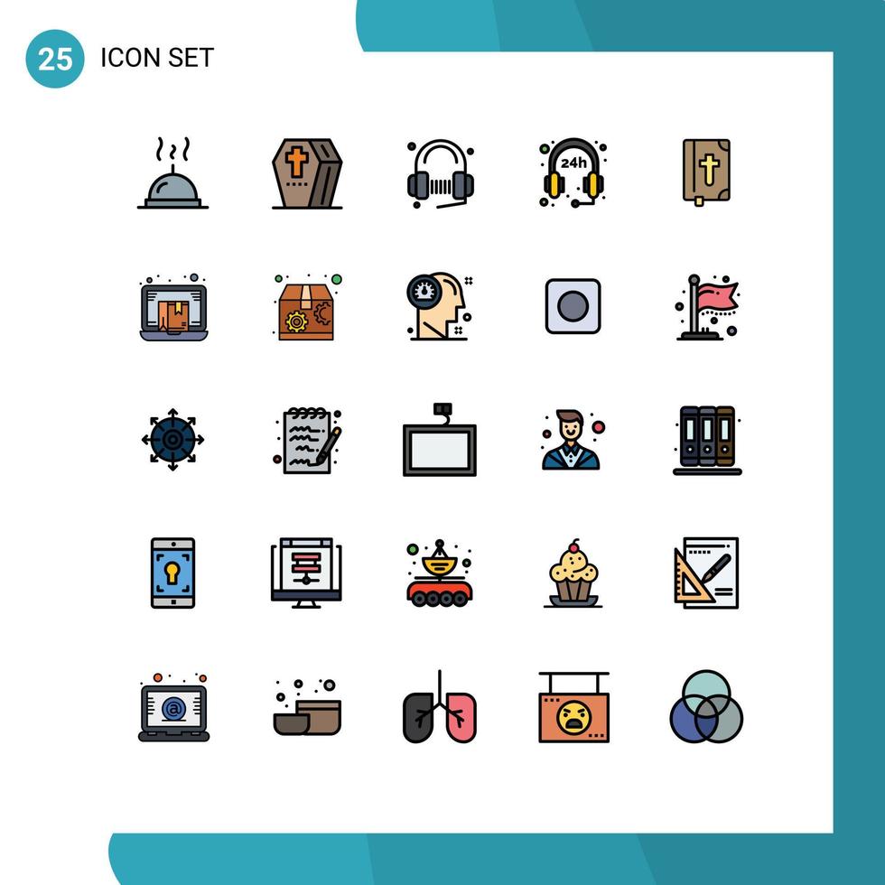 mobiel koppel gevulde lijn vlak kleur reeks van 25 pictogrammen van bijbel overleven klant ondersteuning lied bewerkbare vector ontwerp elementen