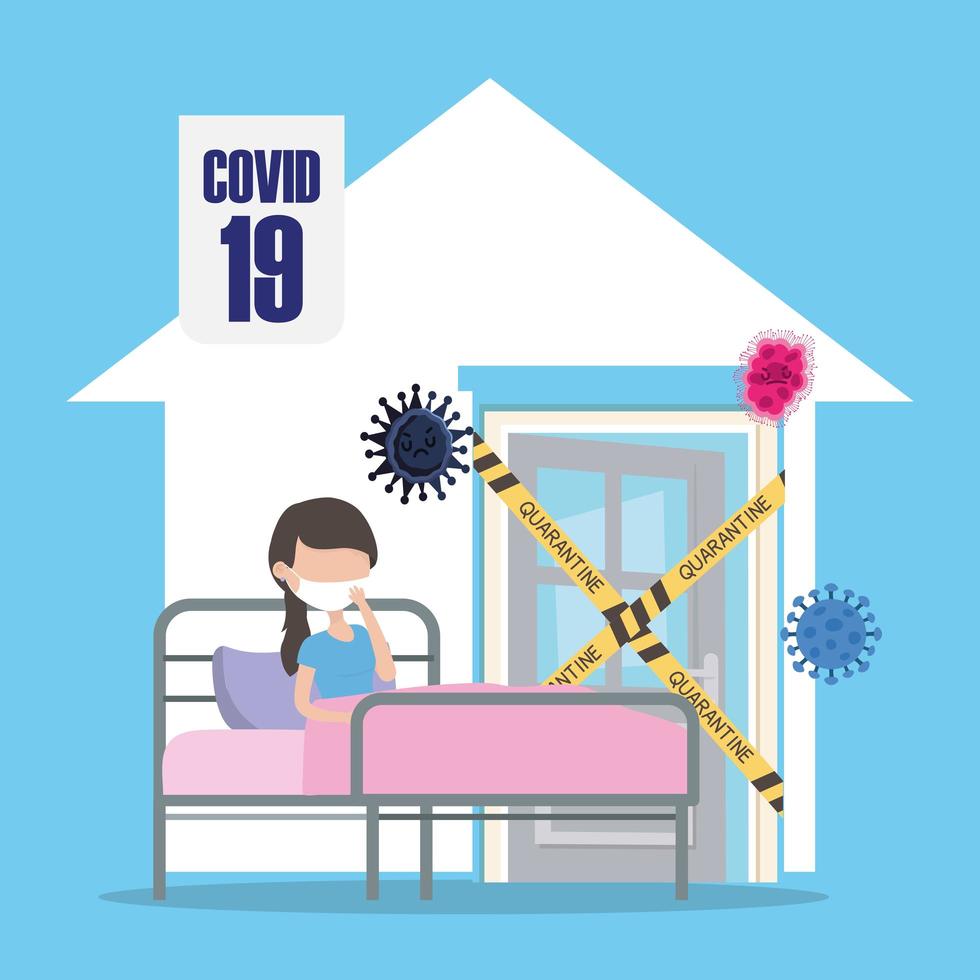 Covid 19 coronavirus pandemie, geïnfecteerde vrouw met masker in bed quarantaine huis vector