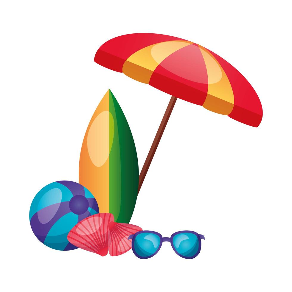 paraplu, surfplank, bril, schelpen en bal vector ontwerp