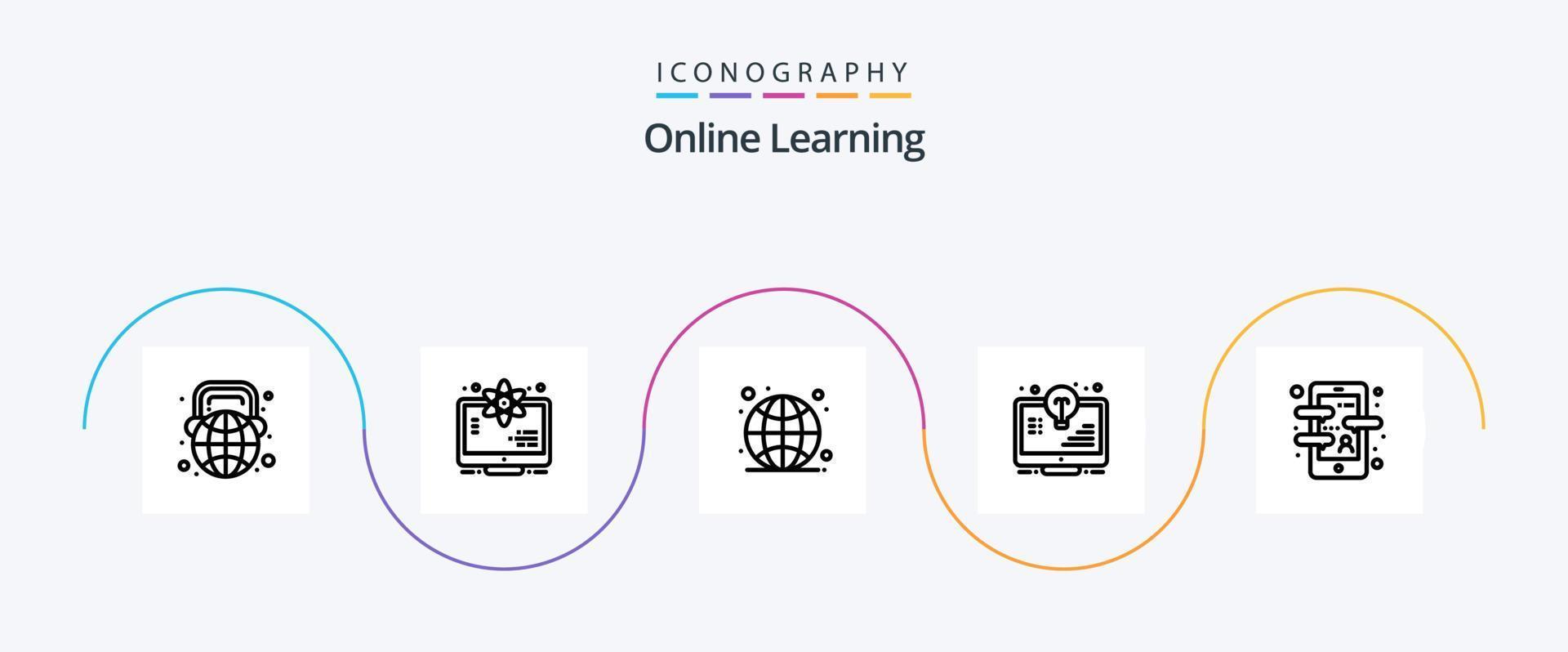 online aan het leren lijn 5 icoon pak inclusief monitor. licht. ruimte. document. leven vector