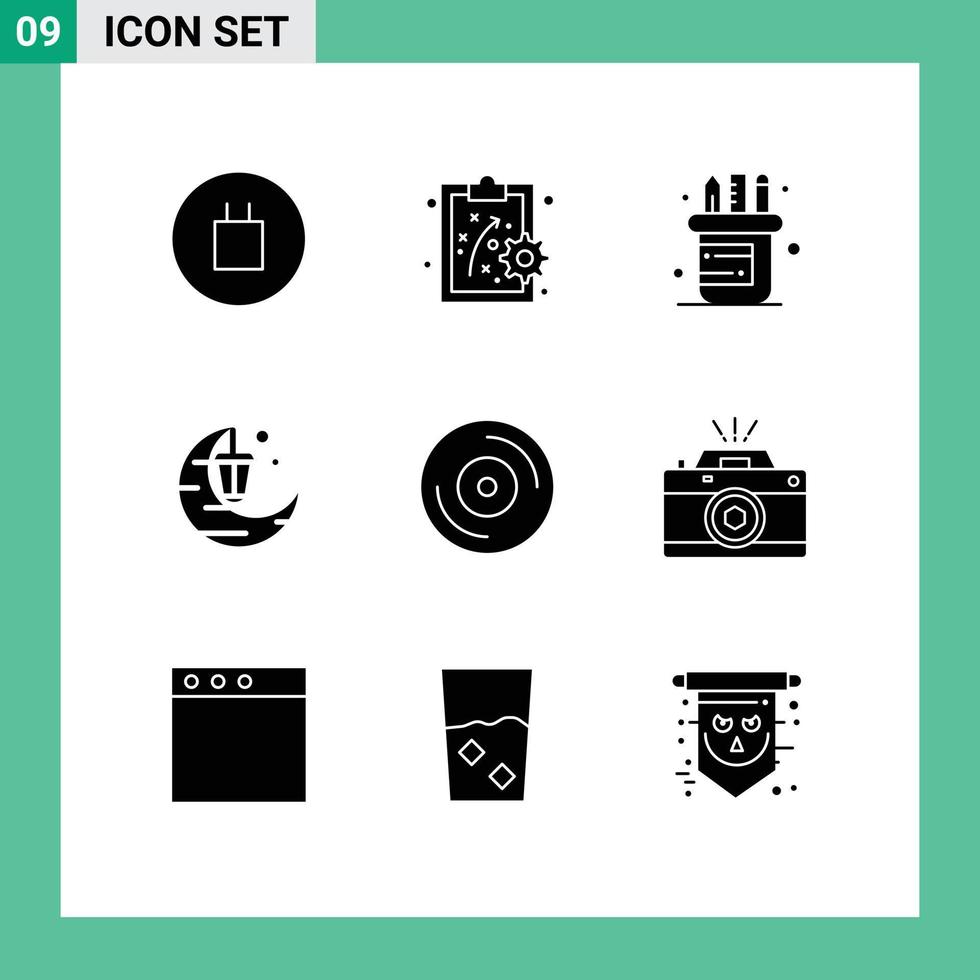 modern reeks van 9 solide glyphs pictogram van fotografie vinyl benodigdheden dj geschenk bewerkbare vector ontwerp elementen