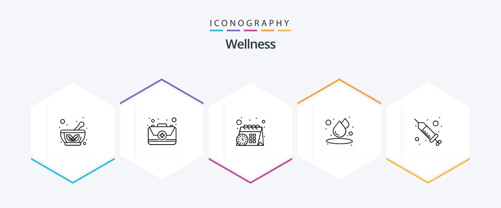 welzijn 25 lijn icoon pak inclusief spa. injectie. kalender. druppel. vochtig vector