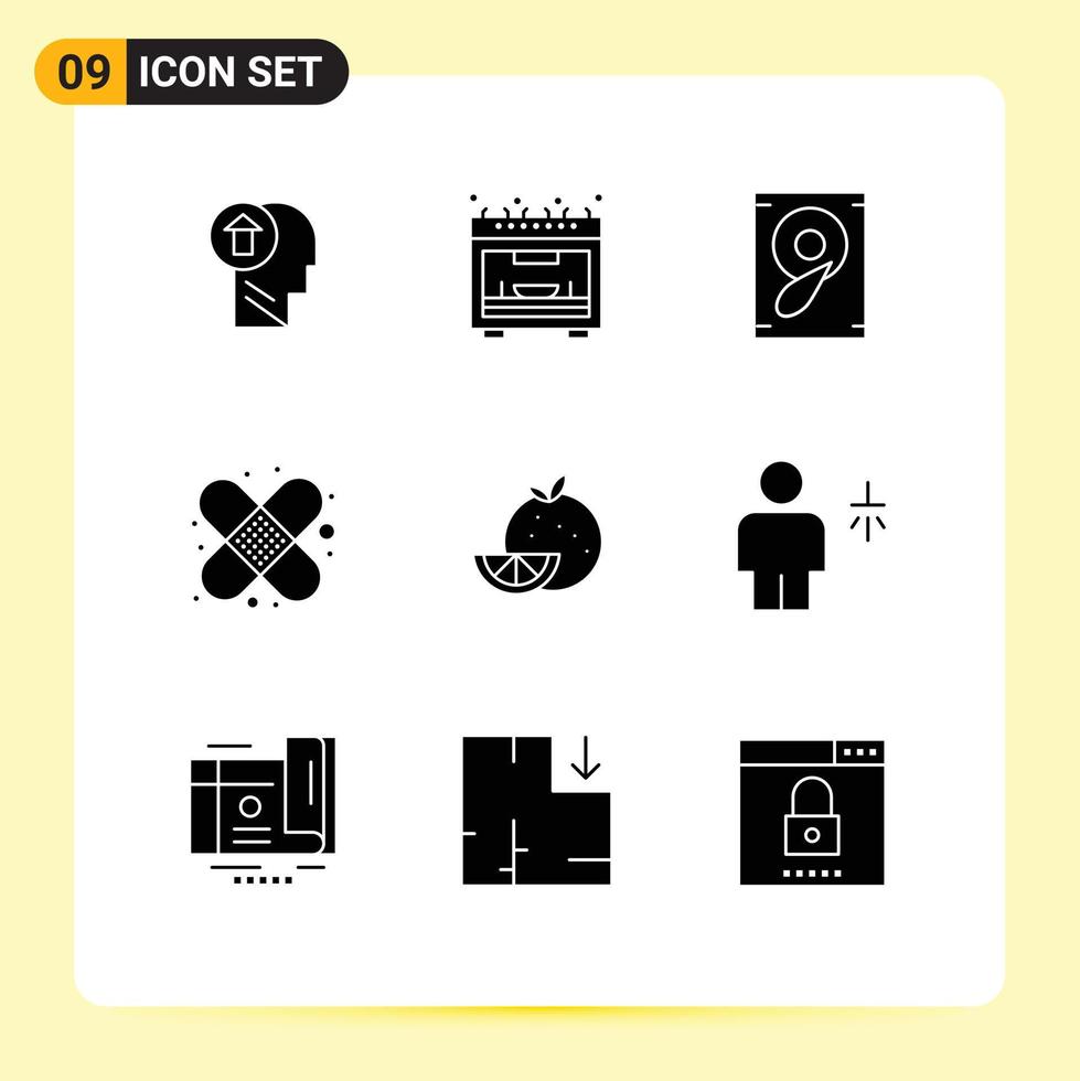 9 solide glyph concept voor websites mobiel en apps fruit oranje oven eerste steun band steun bewerkbare vector ontwerp elementen
