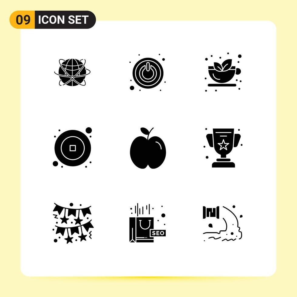 9 solide glyph concept voor websites mobiel en apps jaar Chinese stilgelegd munt thee bewerkbare vector ontwerp elementen
