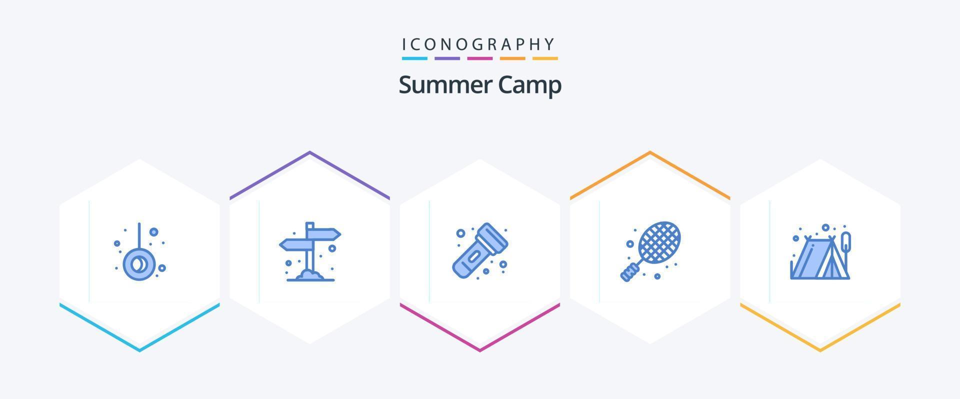 zomer kamp 25 blauw icoon pak inclusief tent. camping. zaklamp. tennis. raket vector