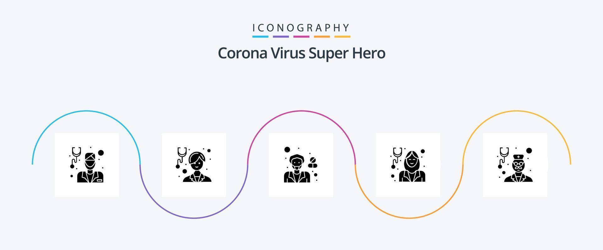corona virus super held glyph 5 icoon pak inclusief avatar. vrouw. vrouw. apotheek. ziekenhuis vector