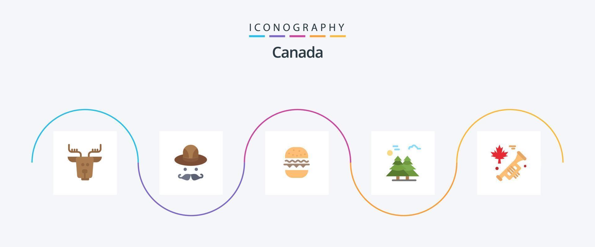 Canada vlak 5 icoon pak inclusief spreker. Scandinavië. voedsel. pijnboom bomen. arctisch vector