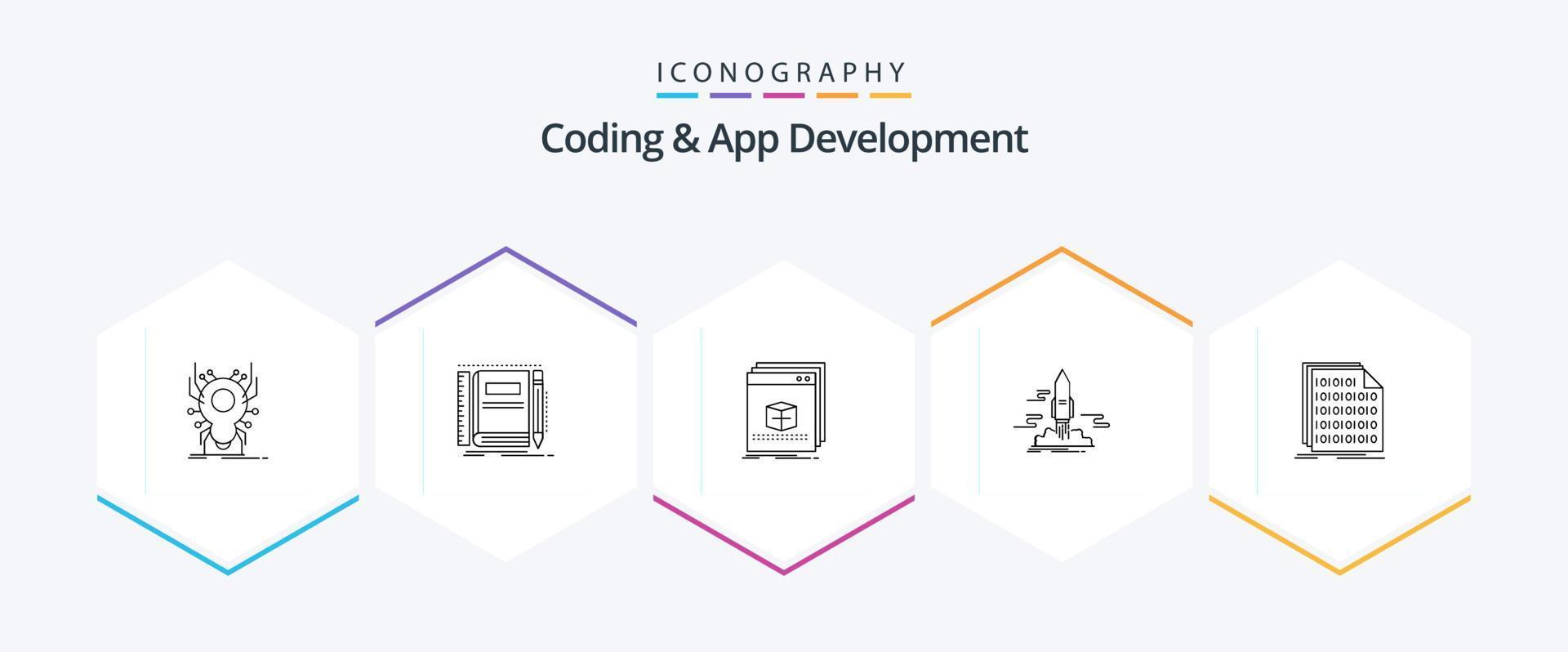 codering en app ontwikkeling 25 lijn icoon pak inclusief app. launch. zak. programma. toepassing vector