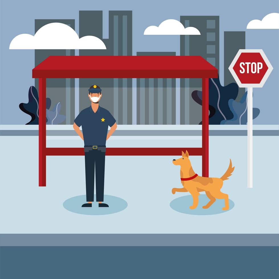 politieman met masker bij bushalte met hond vectorontwerp vector
