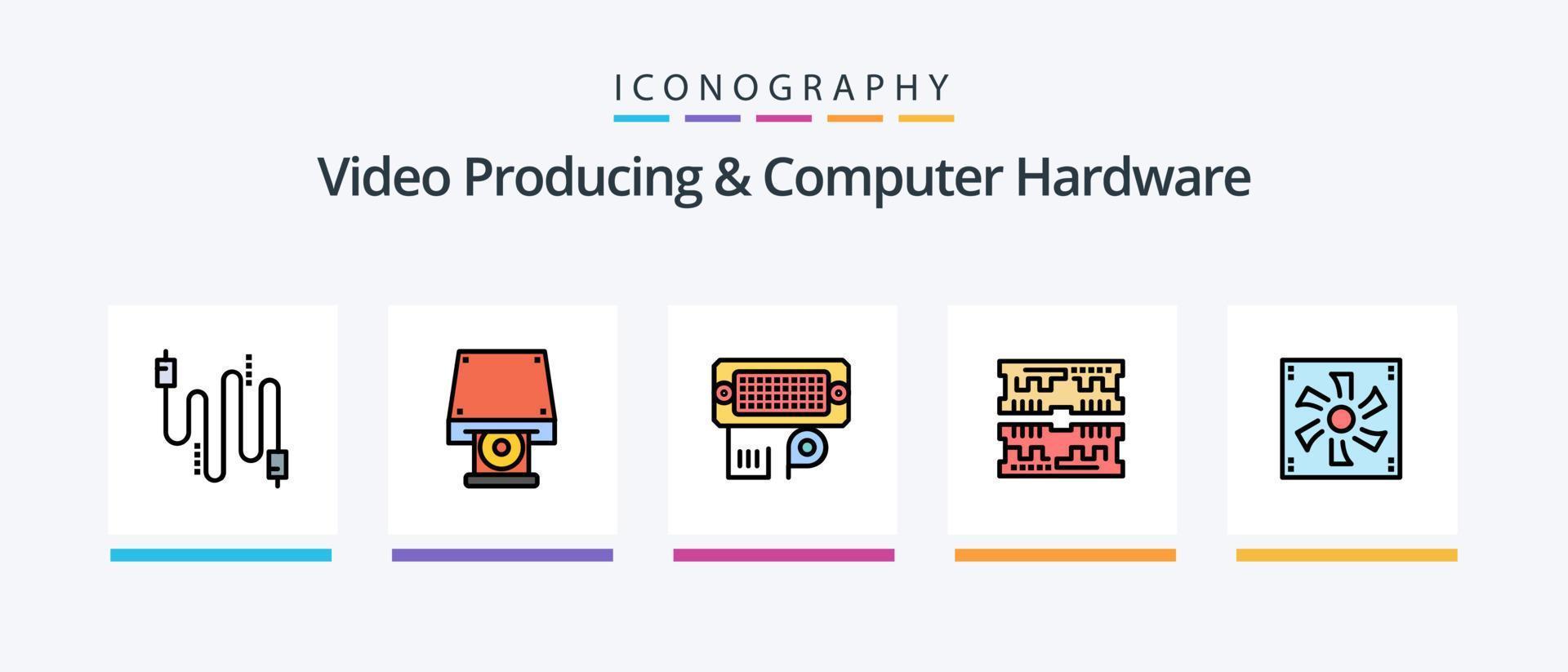 video produceren en computer hardware lijn gevulde 5 icoon pak inclusief boek. engineering. moeder. Op maat. netwerk. creatief pictogrammen ontwerp vector