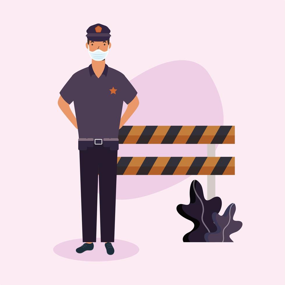 politieman met masker en barrière vectorontwerp vector