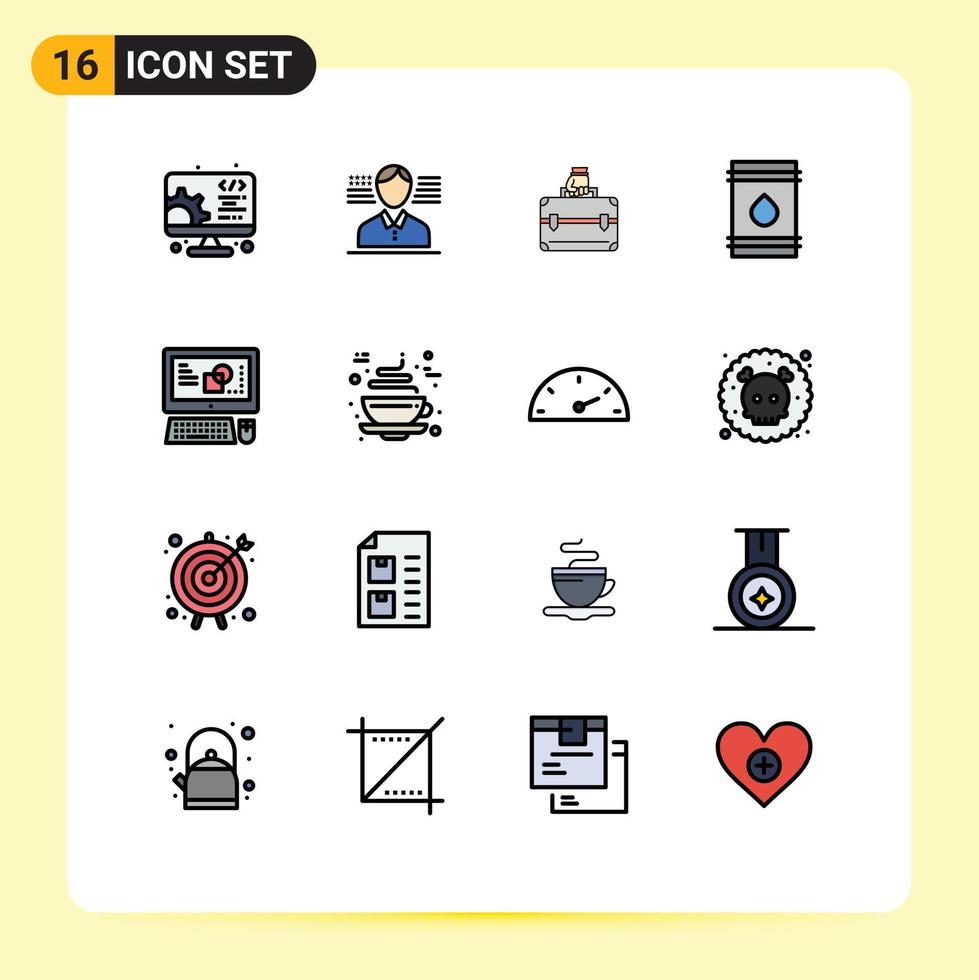 pictogram reeks van 16 gemakkelijk vlak kleur gevulde lijnen van sleutel bord eco aktentas brandbaar olie bewerkbare creatief vector ontwerp elementen