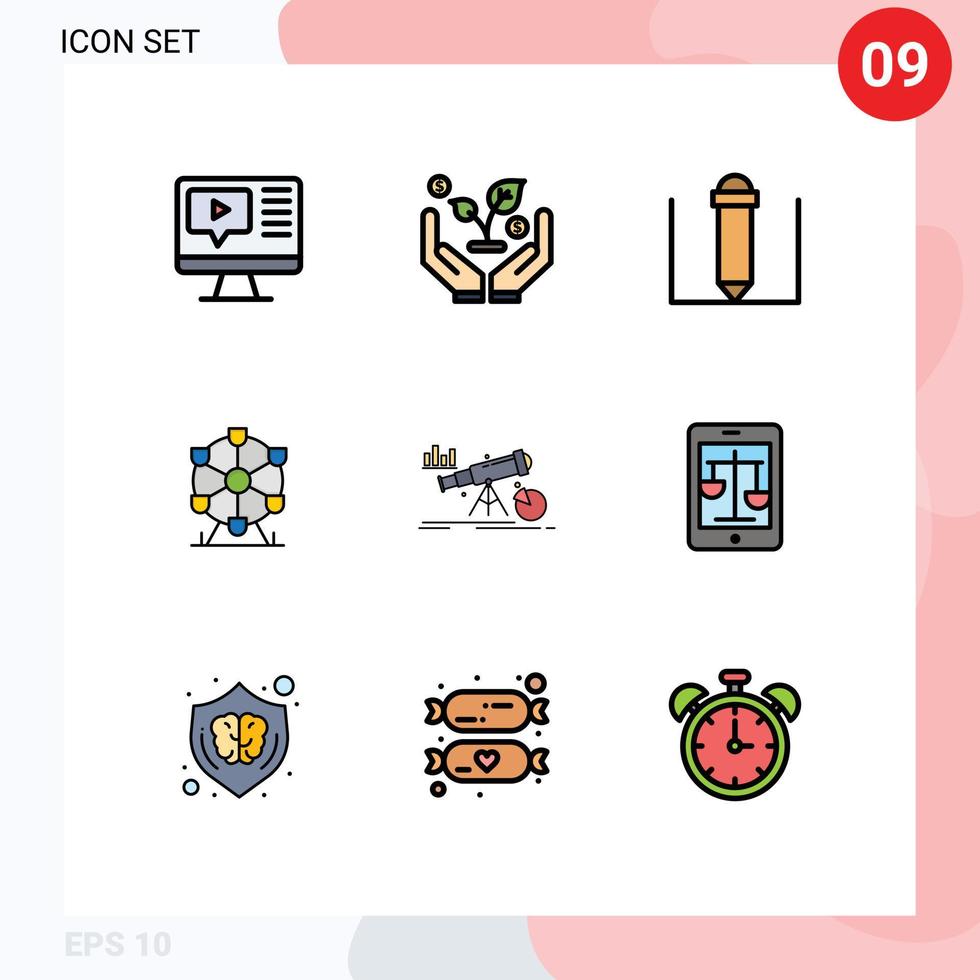 pak van 9 creatief gevulde lijn vlak kleuren van rechtbank markt tekst onderwijs voorspelling analytics bewerkbare vector ontwerp elementen