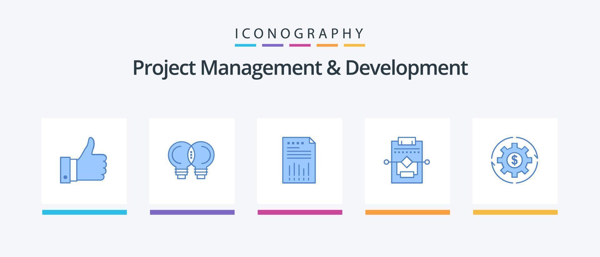 project beheer en ontwikkeling blauw 5 icoon pak inclusief werkwijze. werkstroom. rekenblad. rapport. grafiek. creatief pictogrammen ontwerp vector