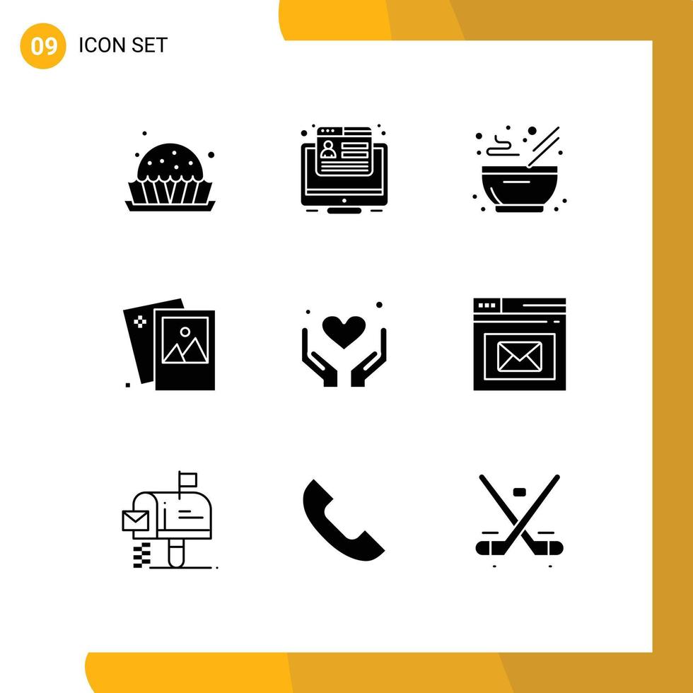 pictogram reeks van 9 gemakkelijk solide glyphs van handen fotografie kom foto galerij bewerkbare vector ontwerp elementen