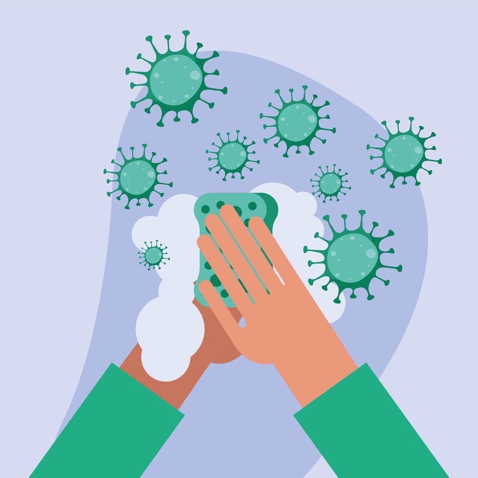 handen wassen met zeep en covid 19 virus vector ontwerp