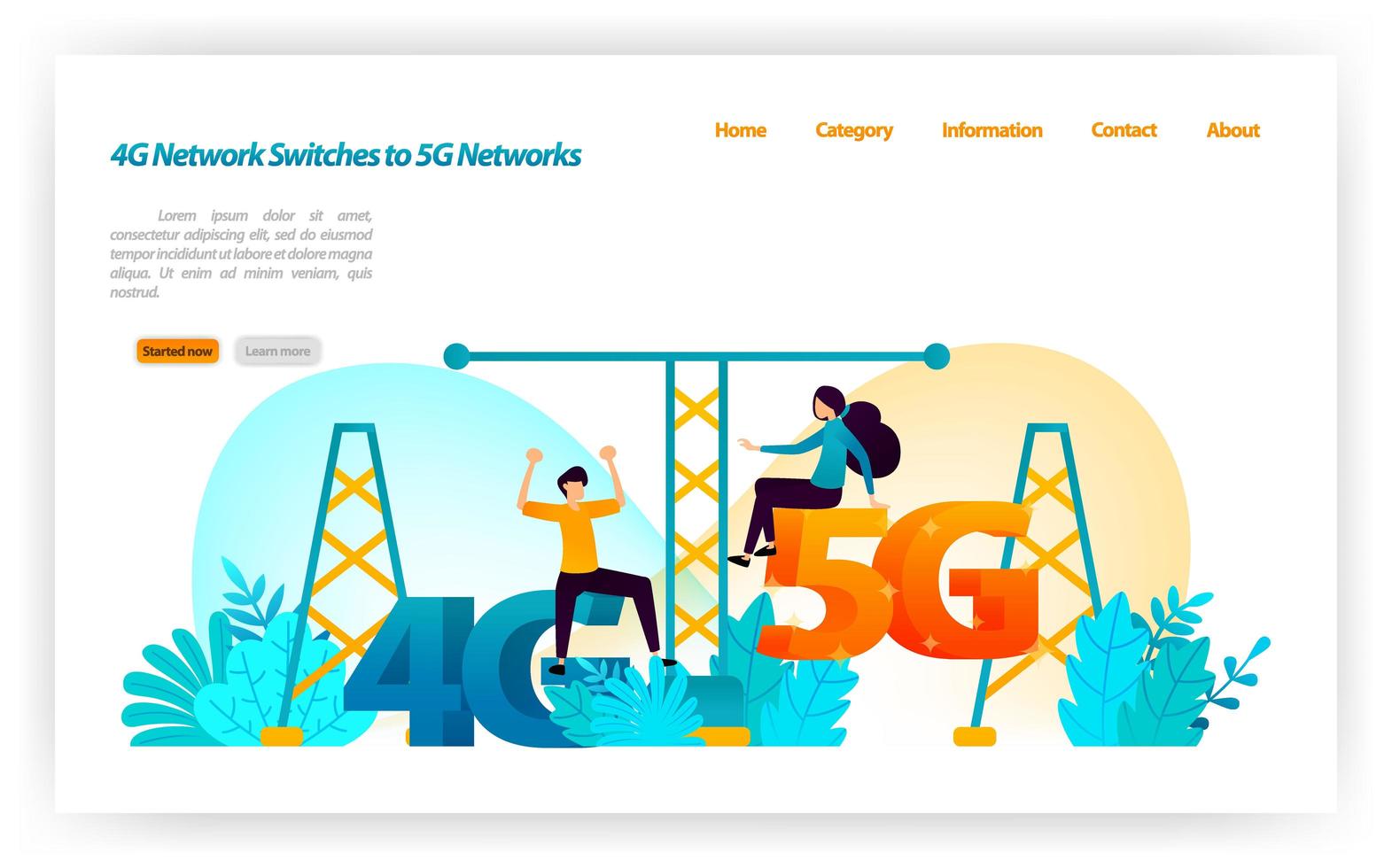 overgang en vervanging van 4g lte-netwerk naar nieuwste 5g-netwerk. schakelt internetnetwerk en draadloze apparaten. vector illustratie concept voor bestemmingspagina, ui ux, web, mobiele app, poster, banner