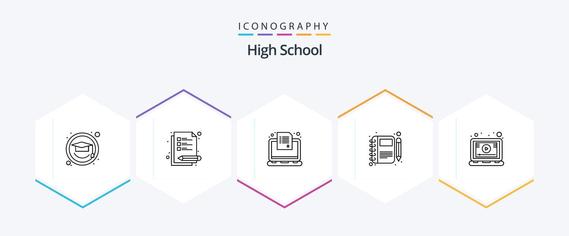 hoog school- 25 lijn icoon pak inclusief online. pen. online. notebook. mollevel vector