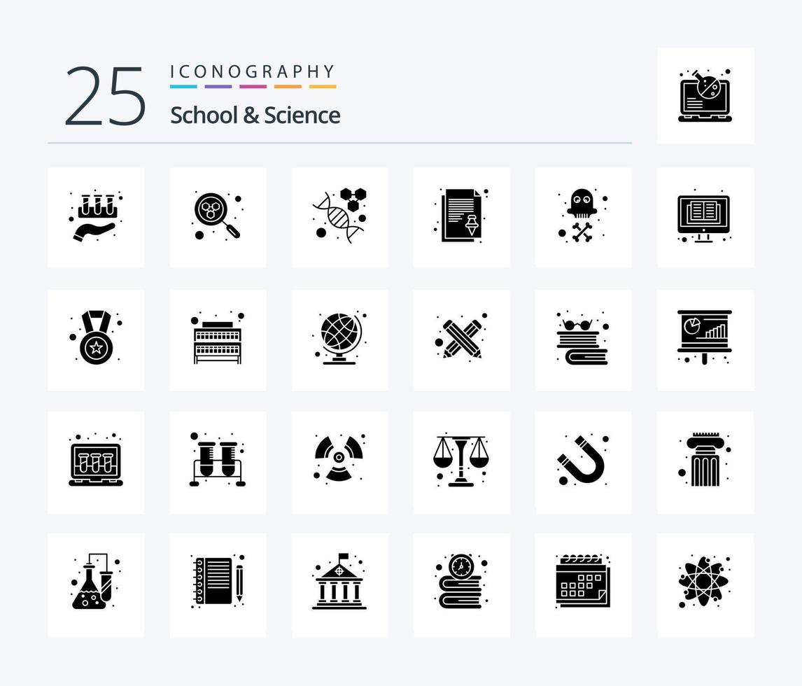 school- en wetenschap 25 solide glyph icoon pak inclusief dood. taak. dna. pin. Notitie vector