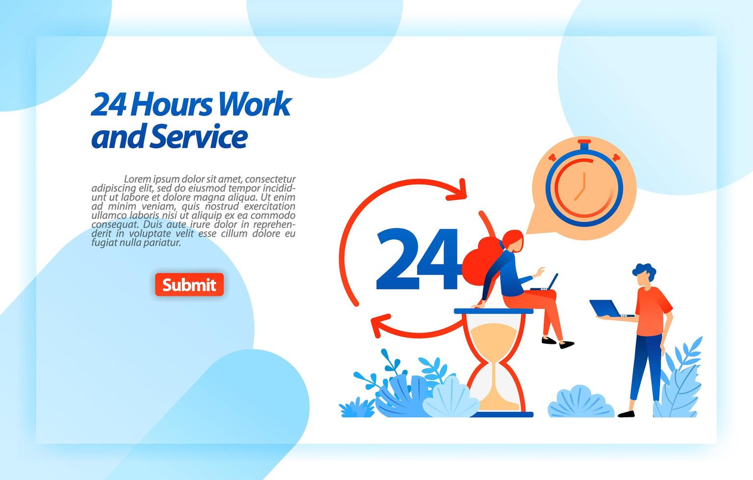 24 uur per dag werkende klantenservice om gebruikers te ondersteunen bij het verkrijgen van betere informatie en services, altijd en overal. vector illustratie concept voor bestemmingspagina, ui ux, website, mobiele app, poster, advertenties