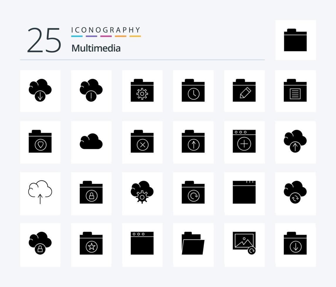 multimedia 25 solide glyph icoon pak inclusief map. document. map. hernoemen. Bewerk vector