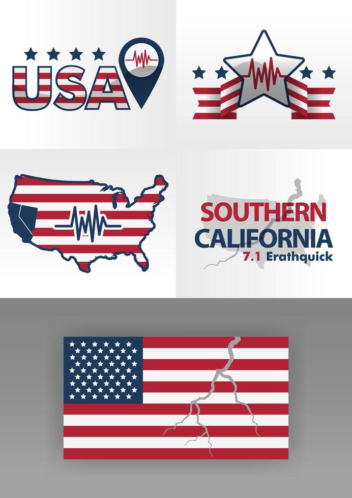 logo voor aardbeving zuid-californië 7,1 op de schaal van richter. vlaglogo van de Verenigde Staten met scheuren. 4 logo's die rampen illustreren met sterren, lijnlogo's en seismische afbeeldingen. rampen in amerika vector