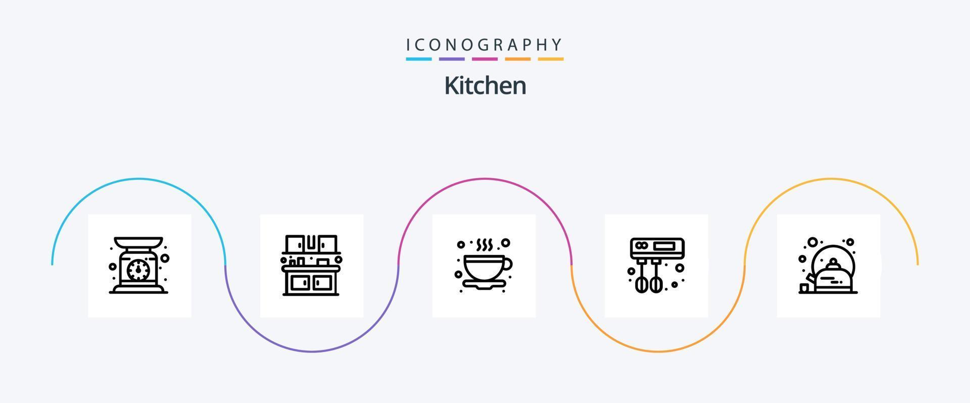 keuken lijn 5 icoon pak inclusief beker. pot. thee. ontbijt. keuken vector