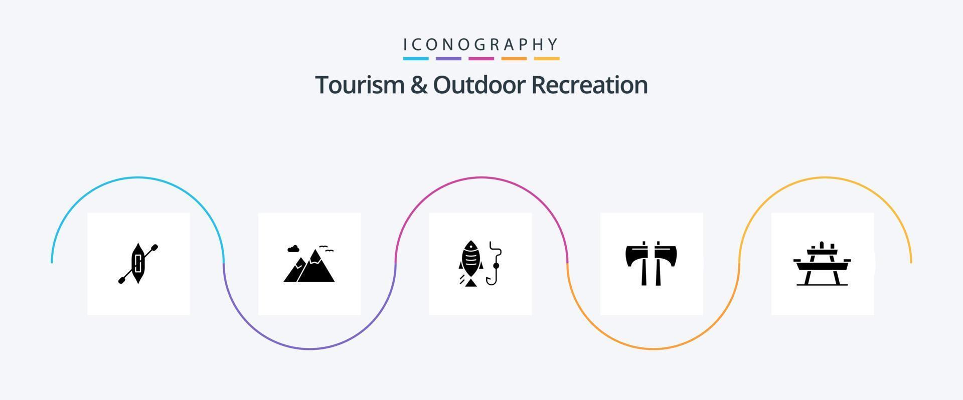 toerisme en buitenshuis recreatie glyph 5 icoon pak inclusief voedsel. hulpmiddel. vissen. houthakker. bijl vector
