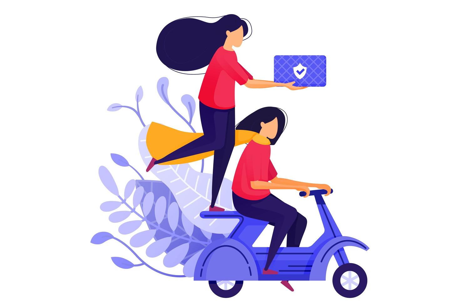 twee koeriersmeisjes die goederen op scooters afleveren. logistieke koeriersdienst voor e-commerce. karakter concept vectorillustratie voor weblandingspagina, banner, mobiele apps, kaart vector