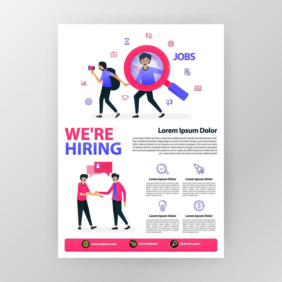 aankondiging poster openstaande vacature. we huren met platte cartoon vectorillustratie. flayer zakelijk pamflet brochure tijdschriftdekking ontwerp lay-outruimte voor advertentie, promotie, marketing a4-formaat afdrukken vector