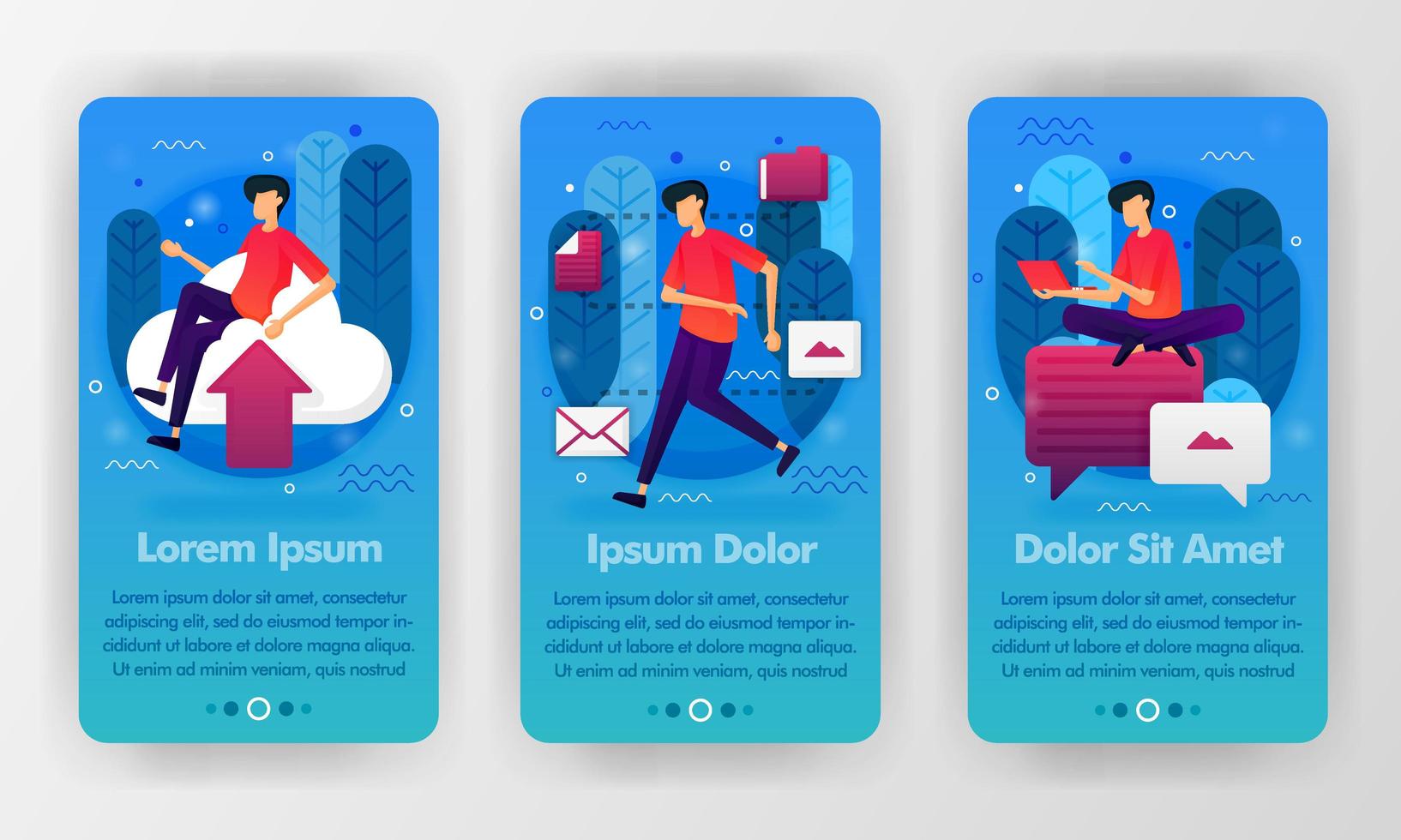 mockupsjabloon voor mobiele telefoons voor gestarte apps voor cloud, opslag en chatten met een platte cartoonillustratie. kan gebruiken voor mobiele applicatie, ui ux, smartphoneachtergrond, welkomstintroductie, poster vector