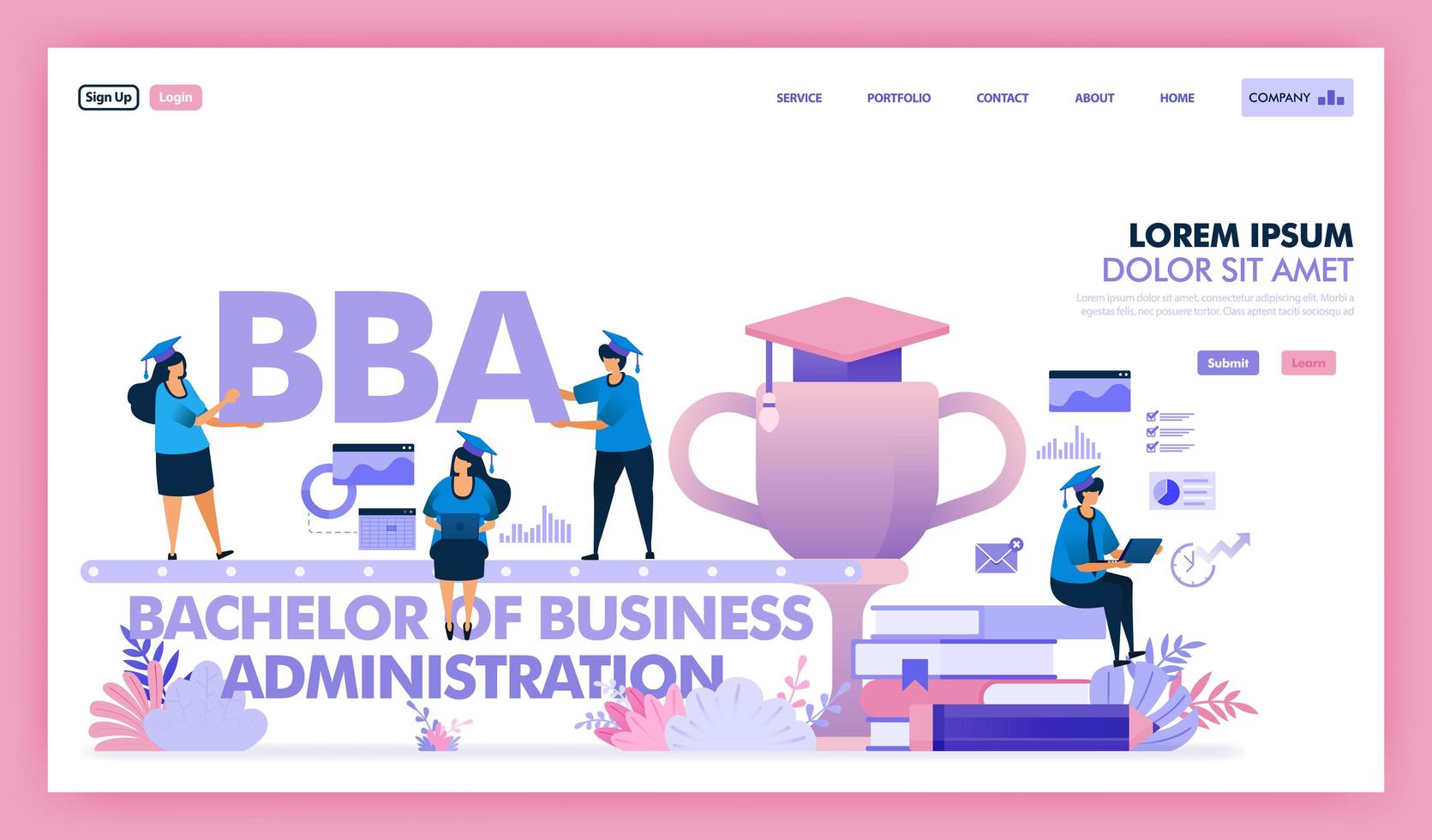 bba of bachelor bedrijfskunde is een universitaire opleiding voor bedrijfskunde en economie, mensen leren om een diploma master bedrijfskunde of mba te behalen. vlakke afbeelding vector ontwerp.