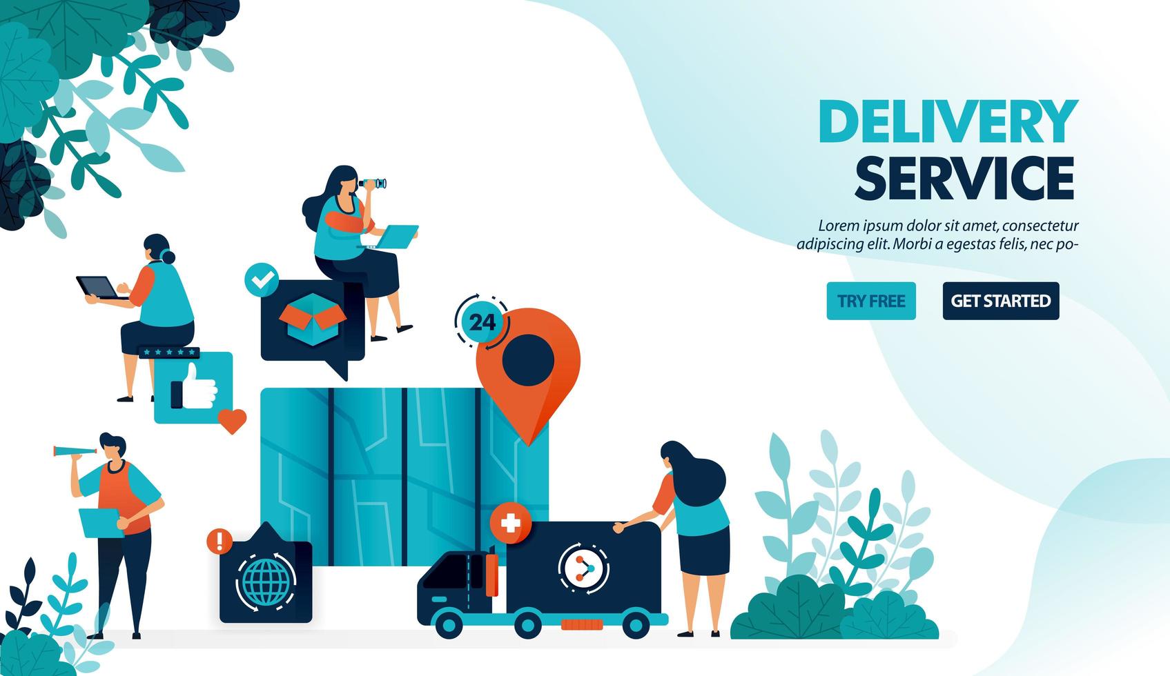 bezorgservice per vrachtwagen en koerier. vind de locatie van het punt met de kaart om goederen af te leveren. e-commercedienst. platte vectorillustratie voor bestemmingspagina, web, website, banner, mobiele apps, flyer, poster vector