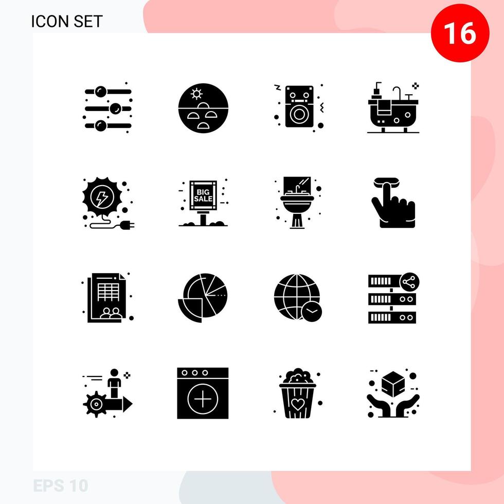 modern reeks van 16 solide glyphs pictogram van energie hub huid bad speler bewerkbare vector ontwerp elementen