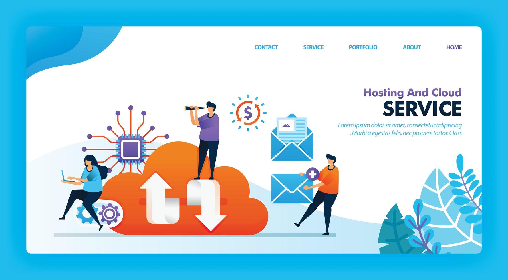 bestemmingspagina vector ontwerp van hosting en cloud. gemakkelijk te bewerken en aan te passen. modern plat ontwerpconcept webpagina, website, startpagina, ui voor mobiele apps. karakter cartoon afbeelding vlakke stijl.