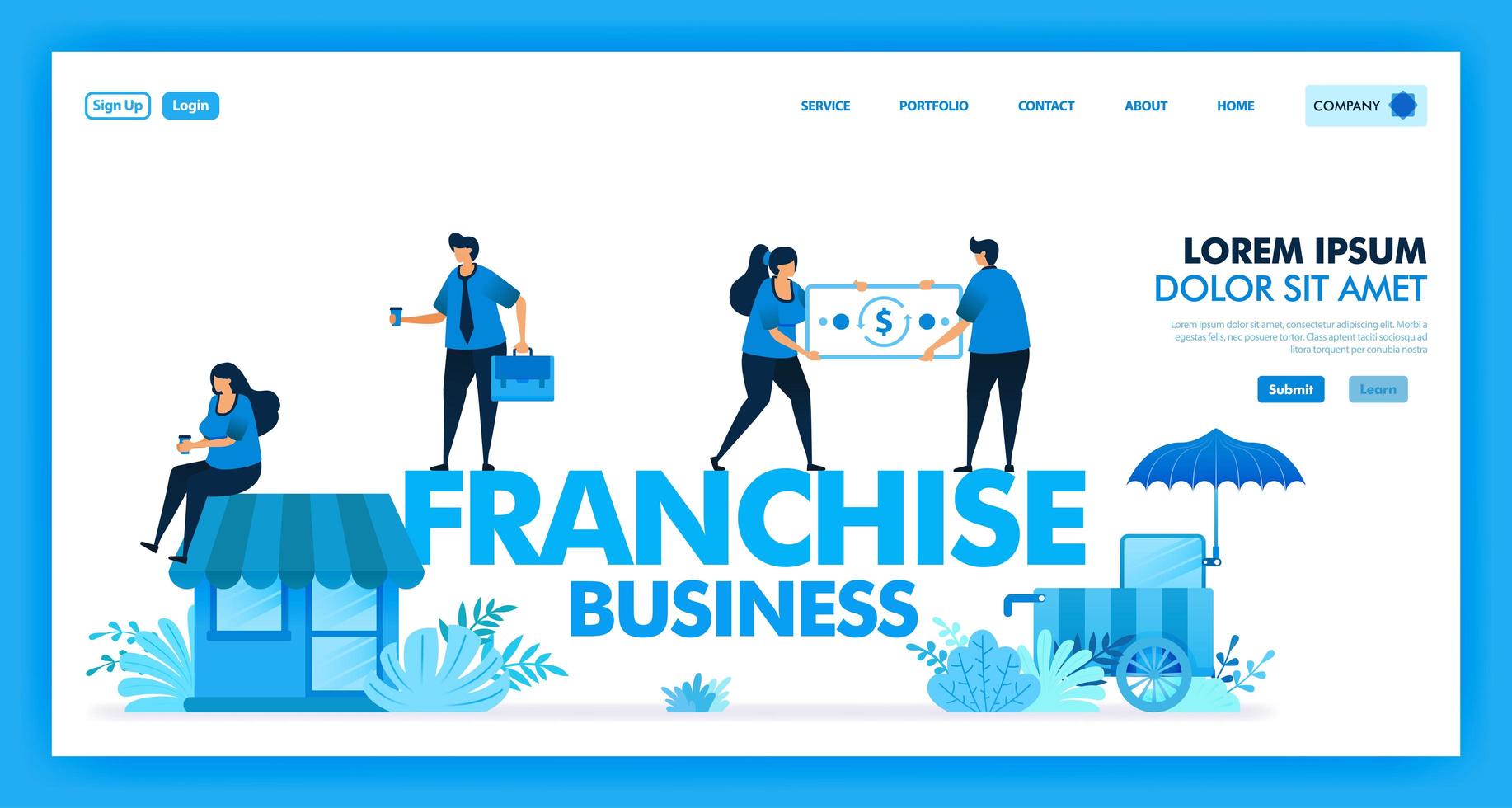 franchise-bedrijfssysteem is een open bedrijf en detailhandelaar om winst, klant, voordeel en bedrijfsgroei te vergroten en te versnellen. winstdeling in de franchise-industrie. vlakke afbeelding vector ontwerp.