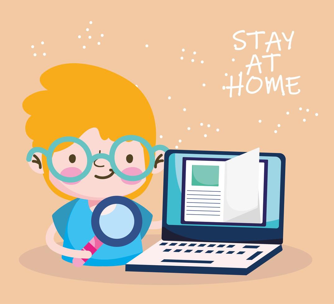 onderwijs online, studentjongen met laptop, blijf thuis vector