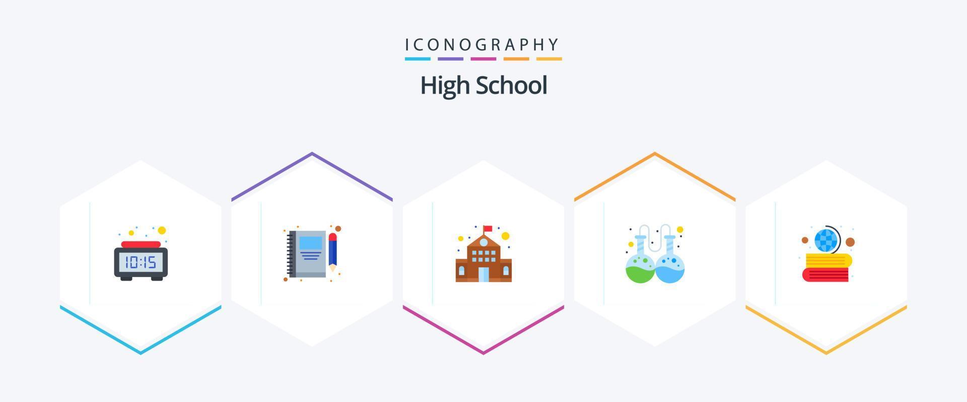 hoog school- 25 vlak icoon pak inclusief geografie. boeken. schrijven. Onderzoek. fles vector