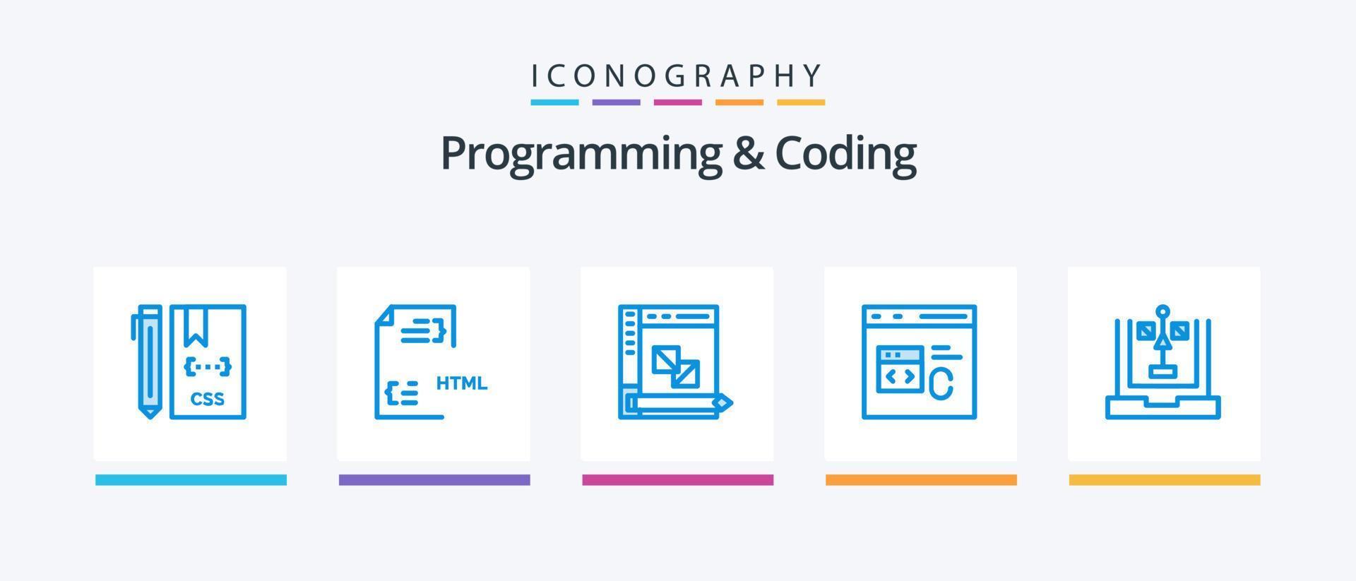 programmering en codering blauw 5 icoon pak inclusief codering. c. het dossier. planning. ontwikkeling. creatief pictogrammen ontwerp vector
