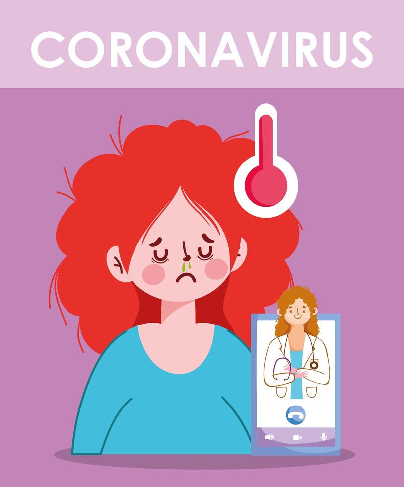 coronavirus vrouw arts thermometer en smartphone vector ontwerp