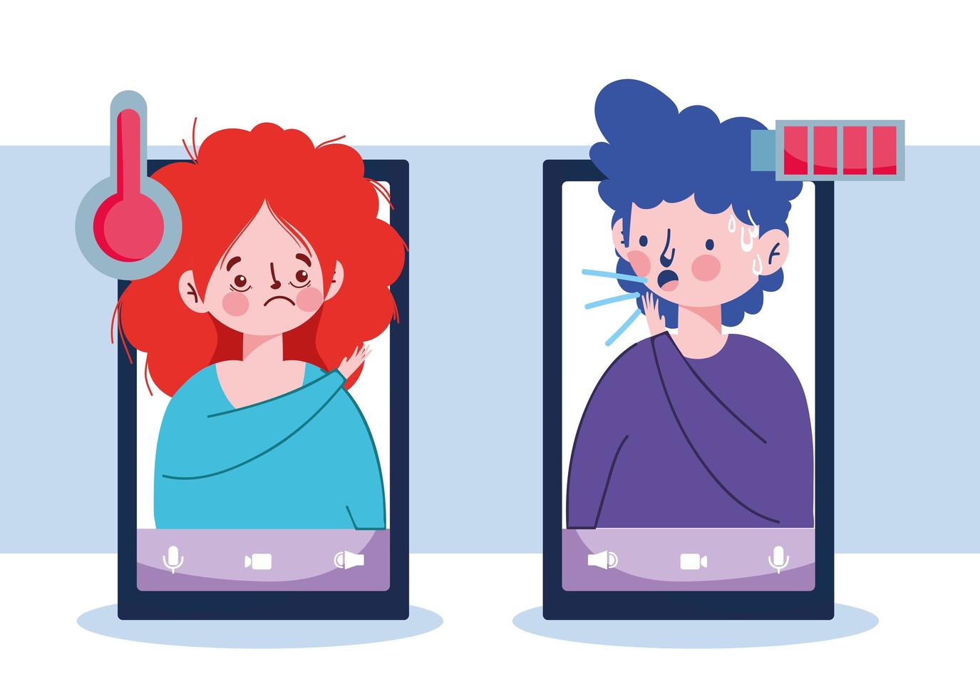 vrouw en man met smartphones koorts, droge hoest en vermoeidheid vector ontwerp