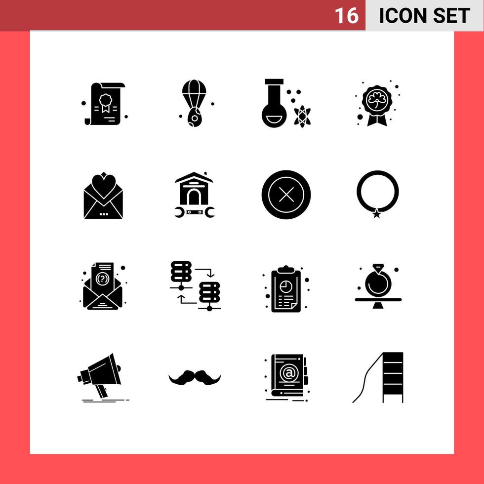 16 gebruiker koppel solide glyph pak van modern tekens en symbolen van mail insigne toverdrank heilige blad bewerkbare vector ontwerp elementen