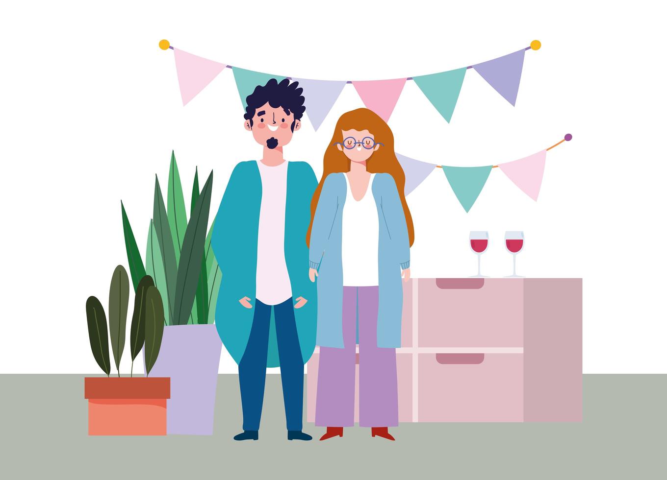 online feest, verjaardag of ontmoeting met vrienden, man en vrouw in huis hoed wimpels decoratie feestelijk vector