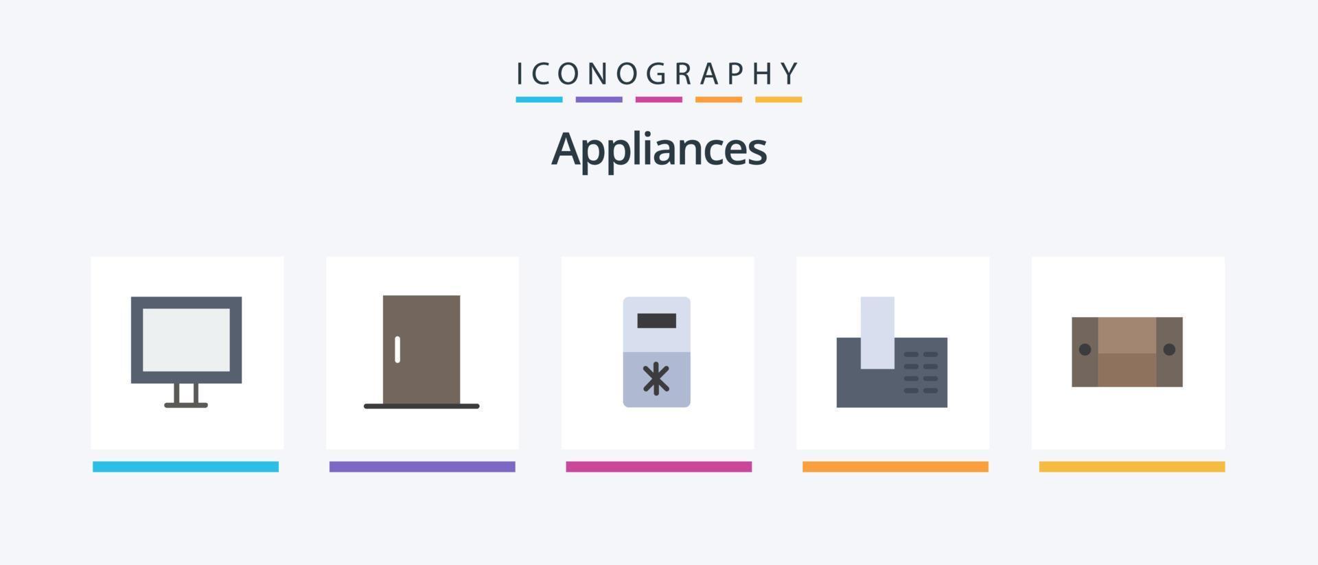huishoudelijke apparaten vlak 5 icoon pak inclusief meubilair. kastje. koelkast. telefoon. telefoongesprek. creatief pictogrammen ontwerp vector
