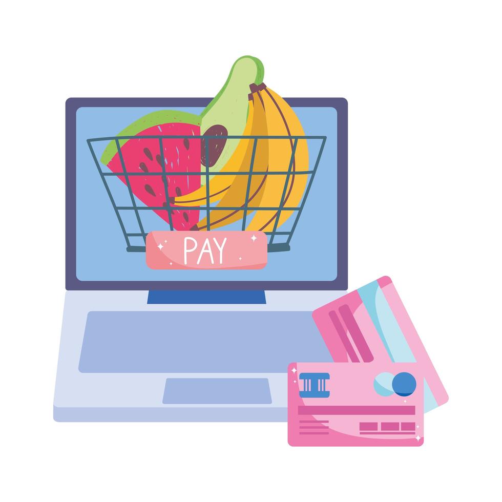 online markt, mand met computerbankkaarten, levering van eten in de supermarkt vector