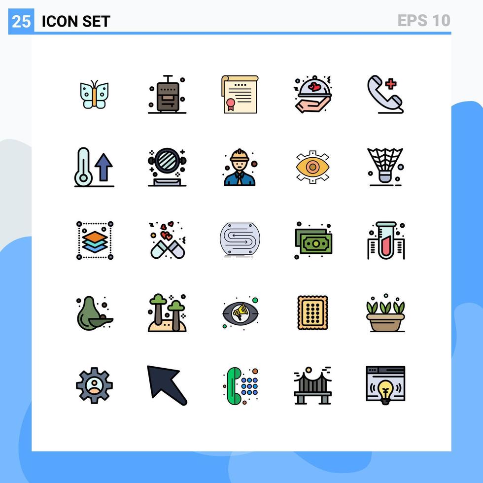 gevulde lijn vlak kleur pak van 25 universeel symbolen van telefoon bruiloft certificaat Valentijn voedsel bewerkbare vector ontwerp elementen